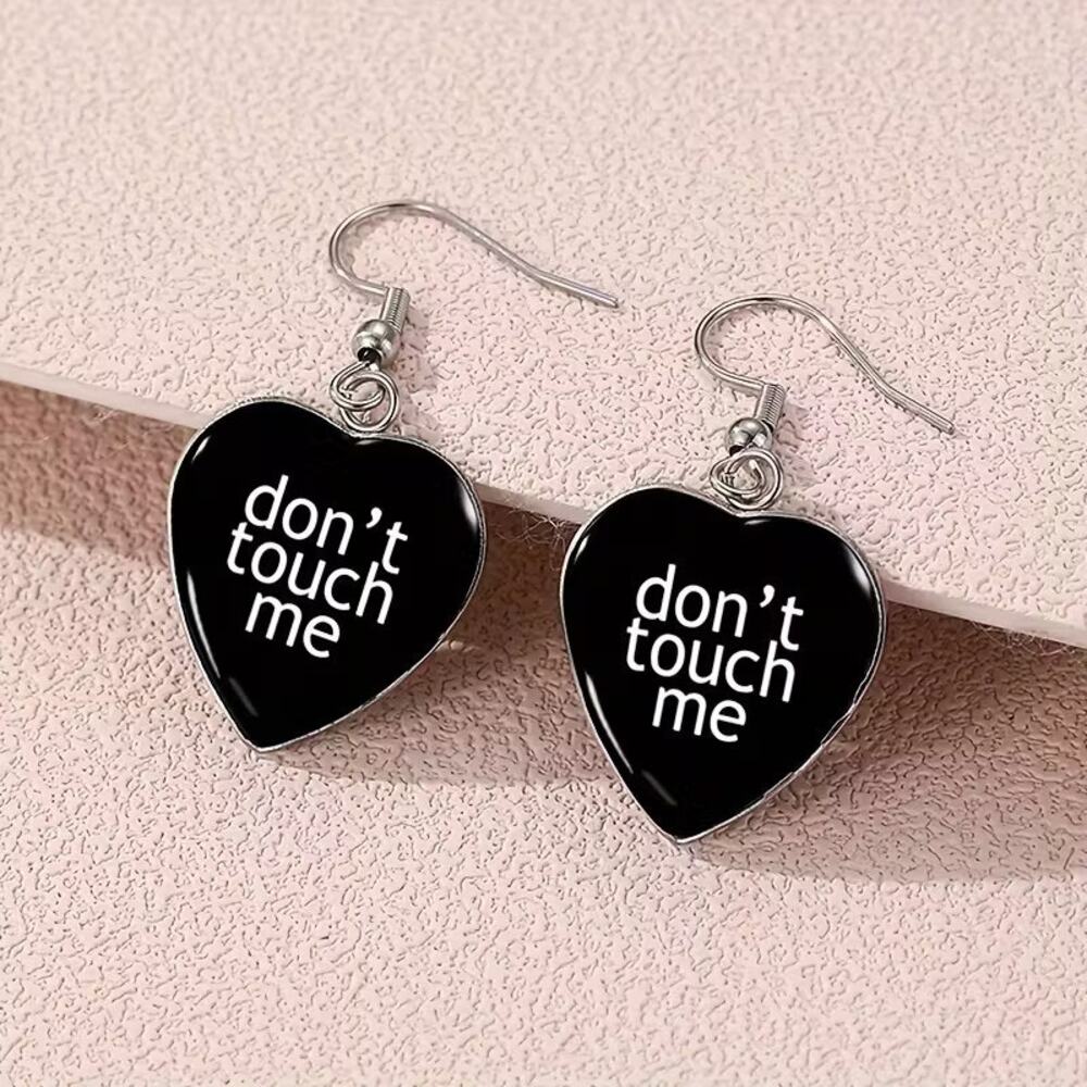 Goth Emo Anti Social Black Heart Don't Touch Me Earrings